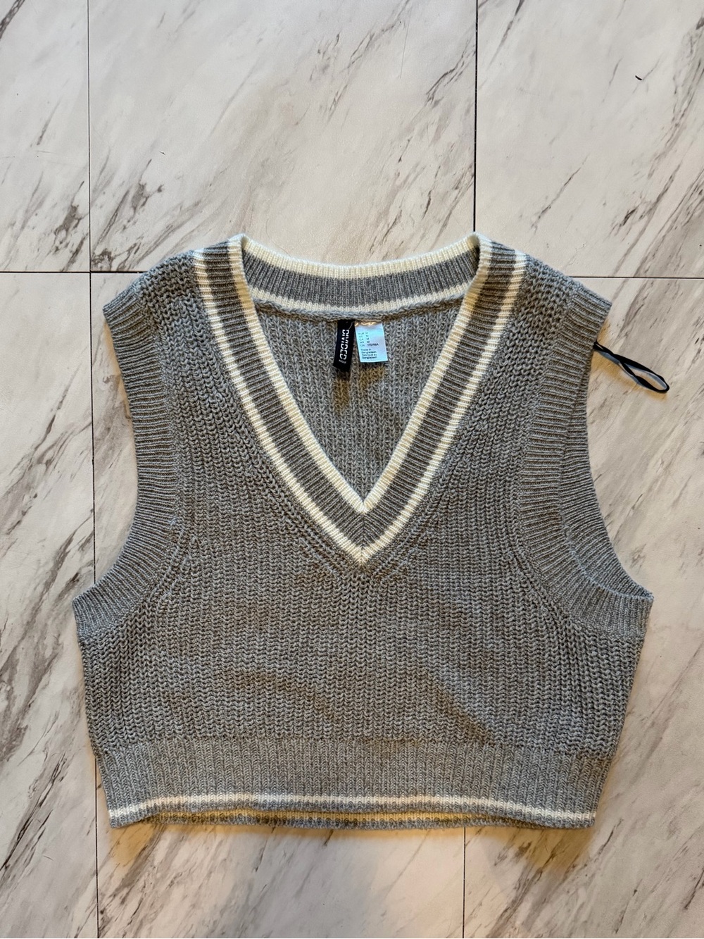 H&M Grey Knit V-Neck Sweater Vest with Cream Trim
